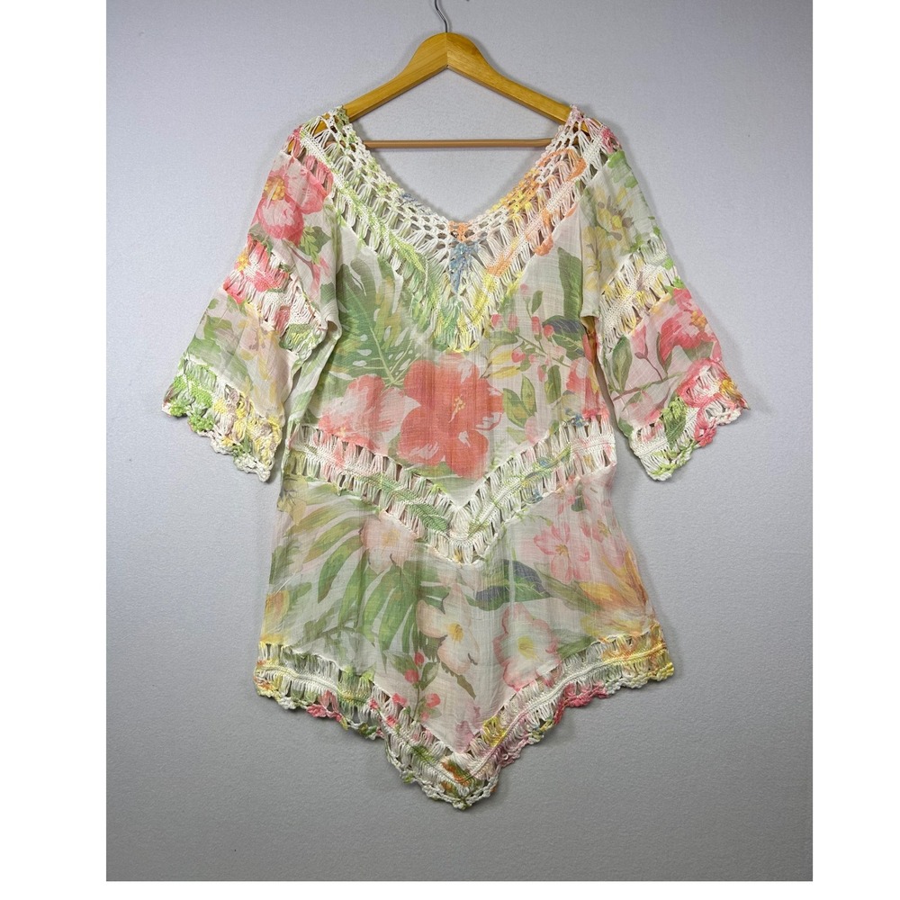 Boho Coastal Creations Womens One Size Multicolor Floral‎ Crochet Trim Tunic Top